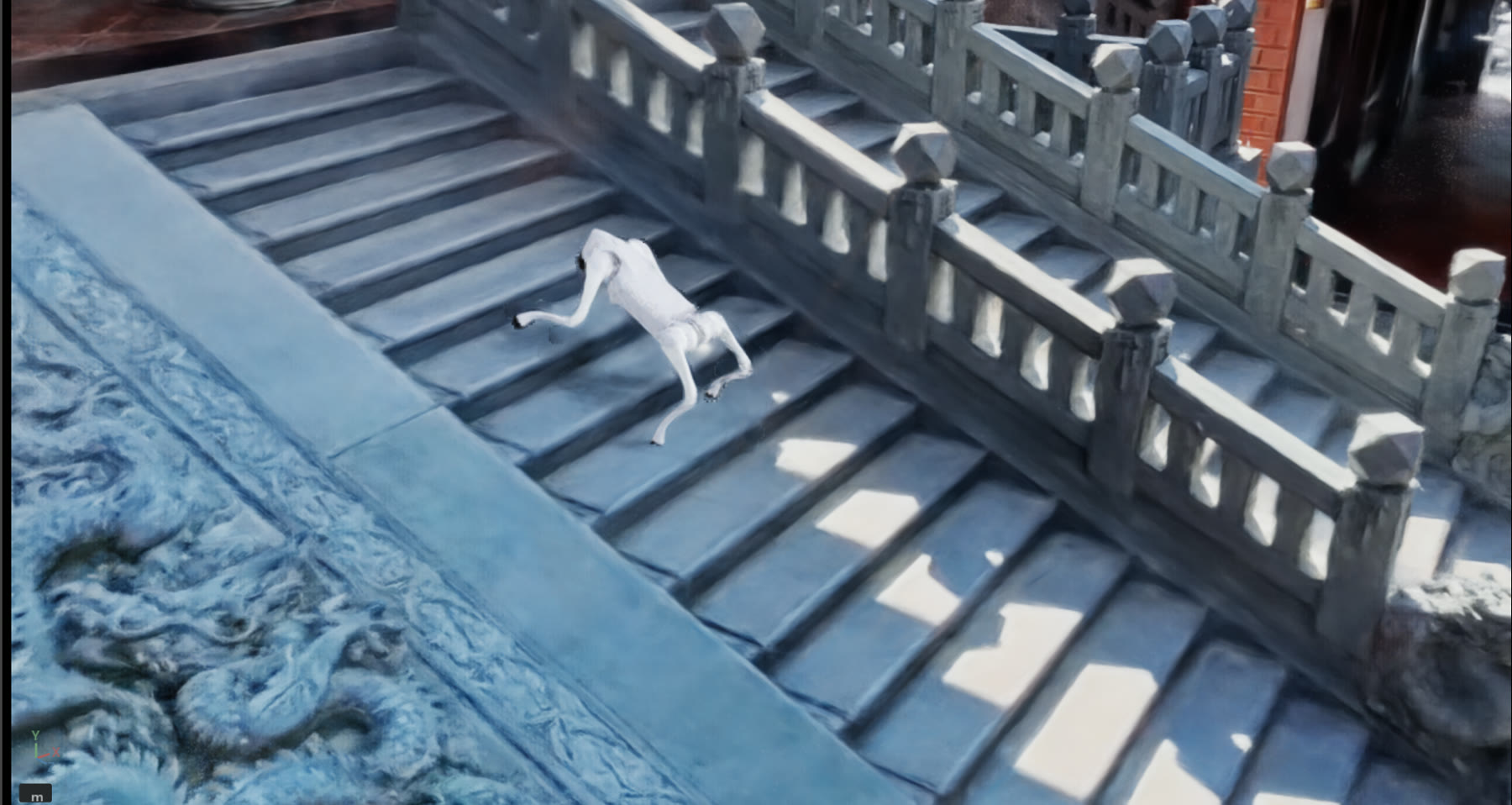 Side view of a robotic dog on temple stairs
