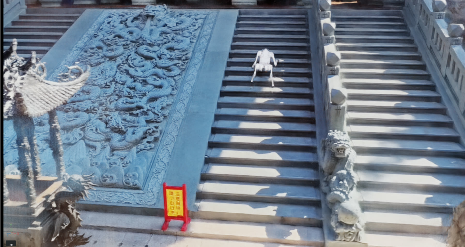 Wide temple reconstruction with robotic dog on stairs