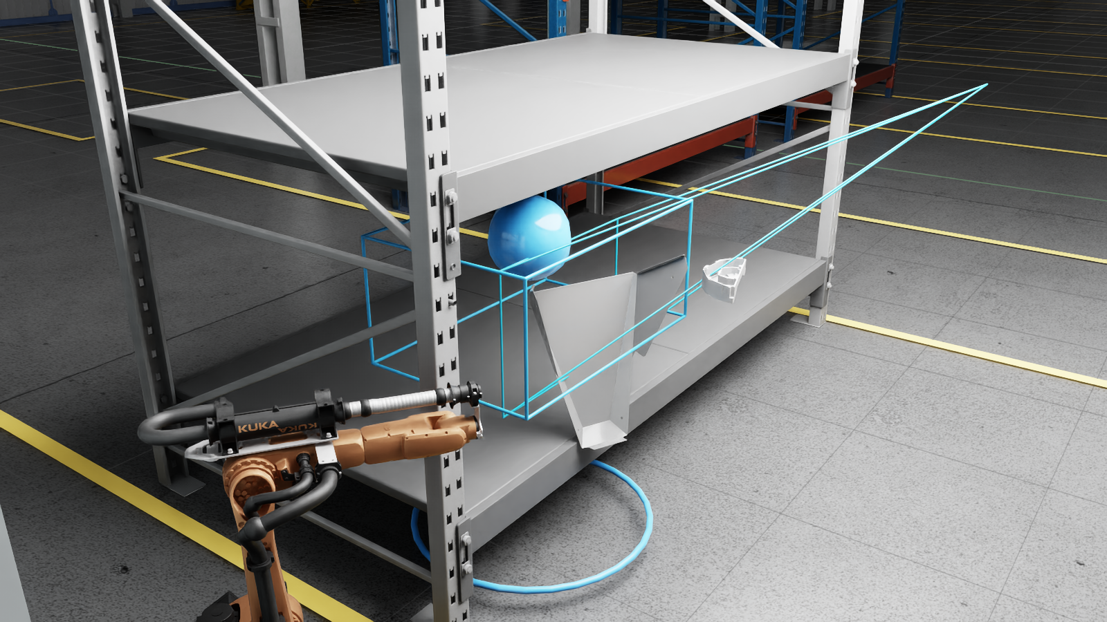 Kuka inspection cell and defect target inside the smart warehouse digital twin