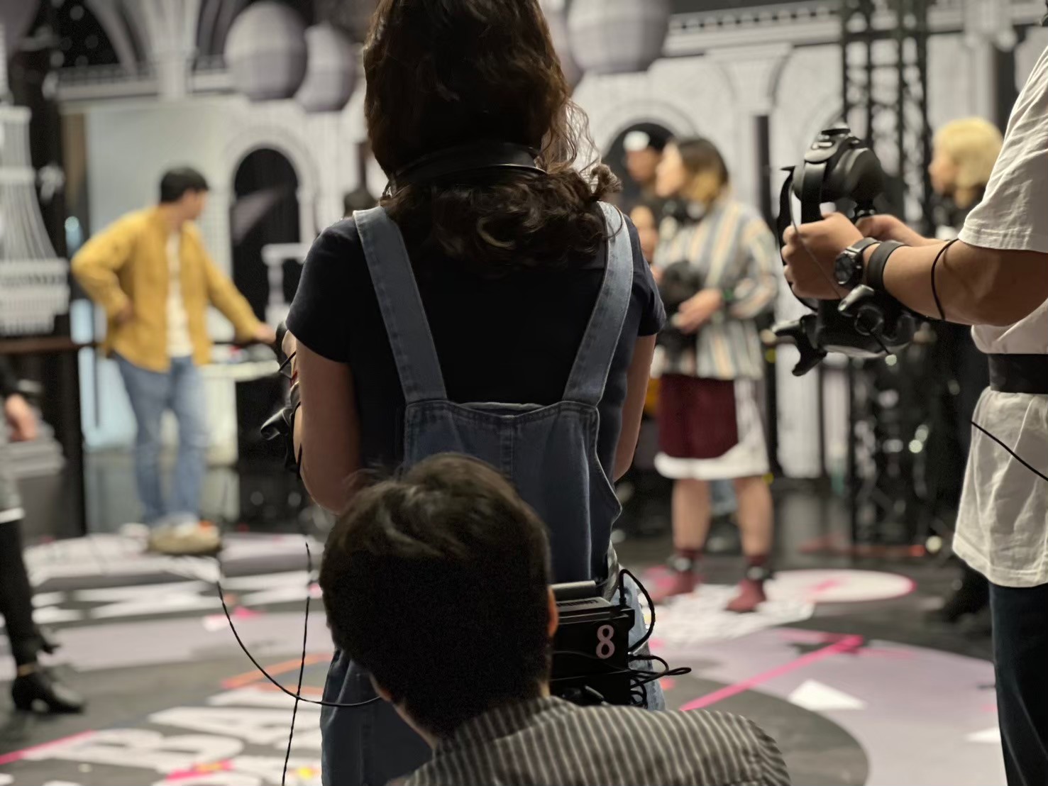 Audience members getting equipped