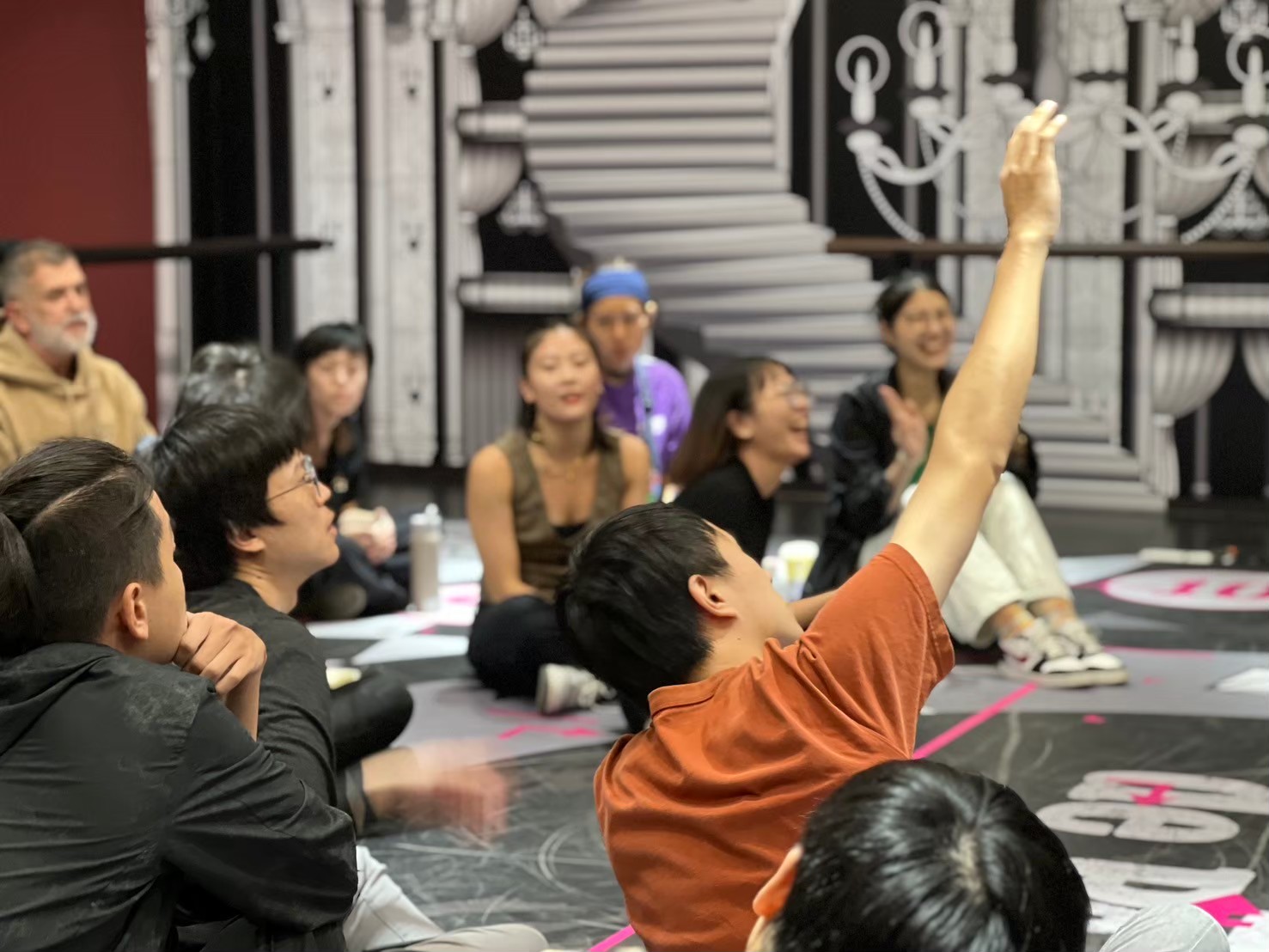 Team meeting on stage floor