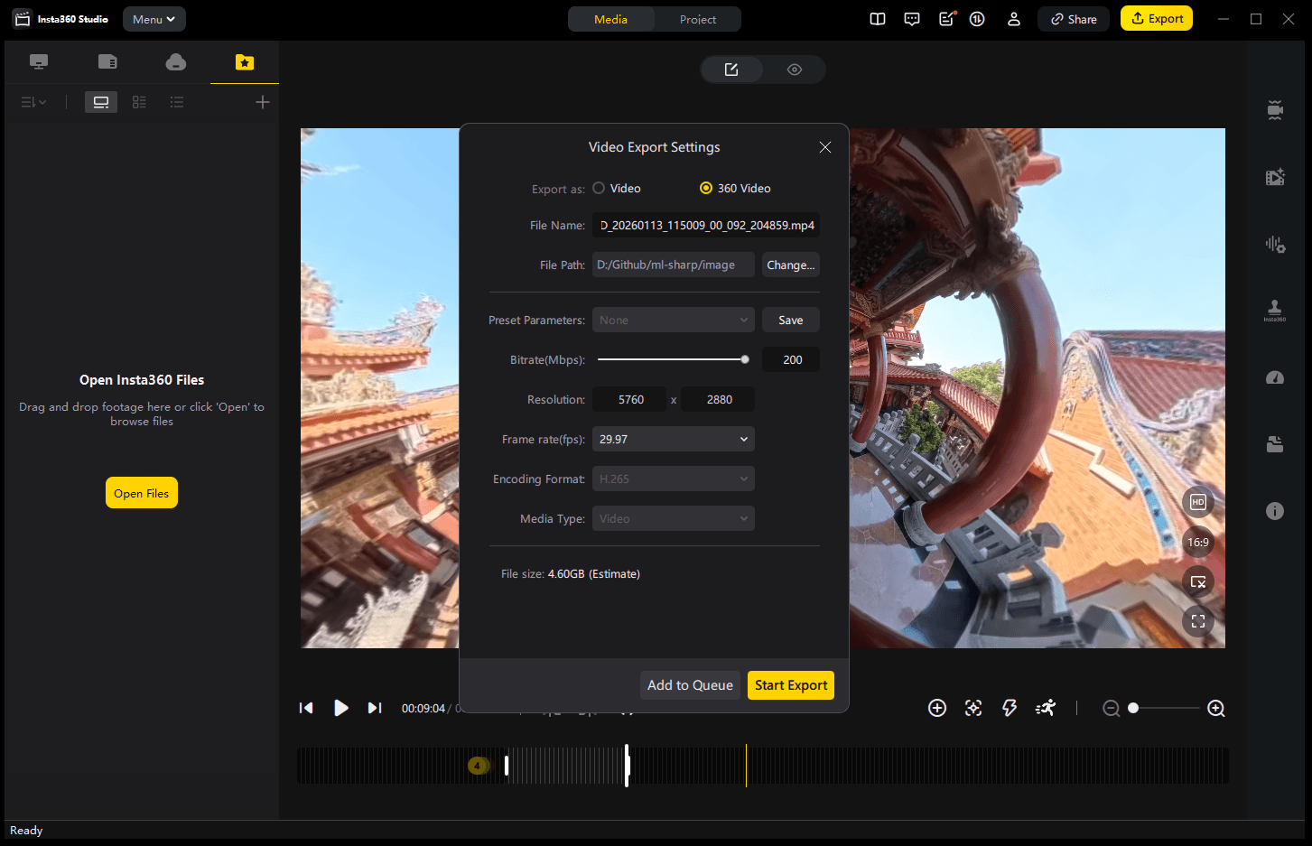 Insta360 Studio export settings