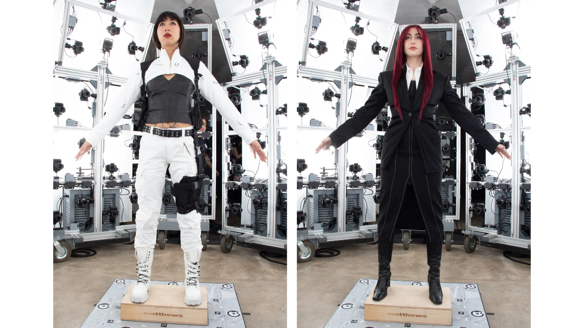 Actors being 3D scanned in a multi-camera photogrammetry rig