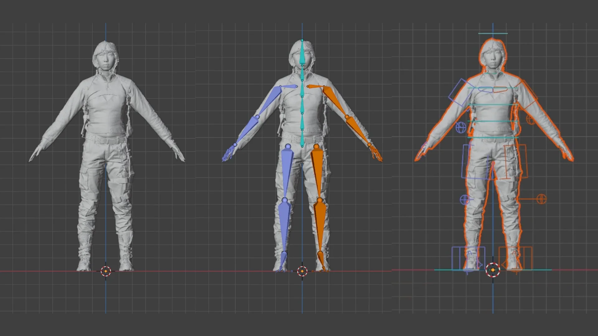 3D scanned character rigging process in Blender showing mesh, skeleton, and weight painting