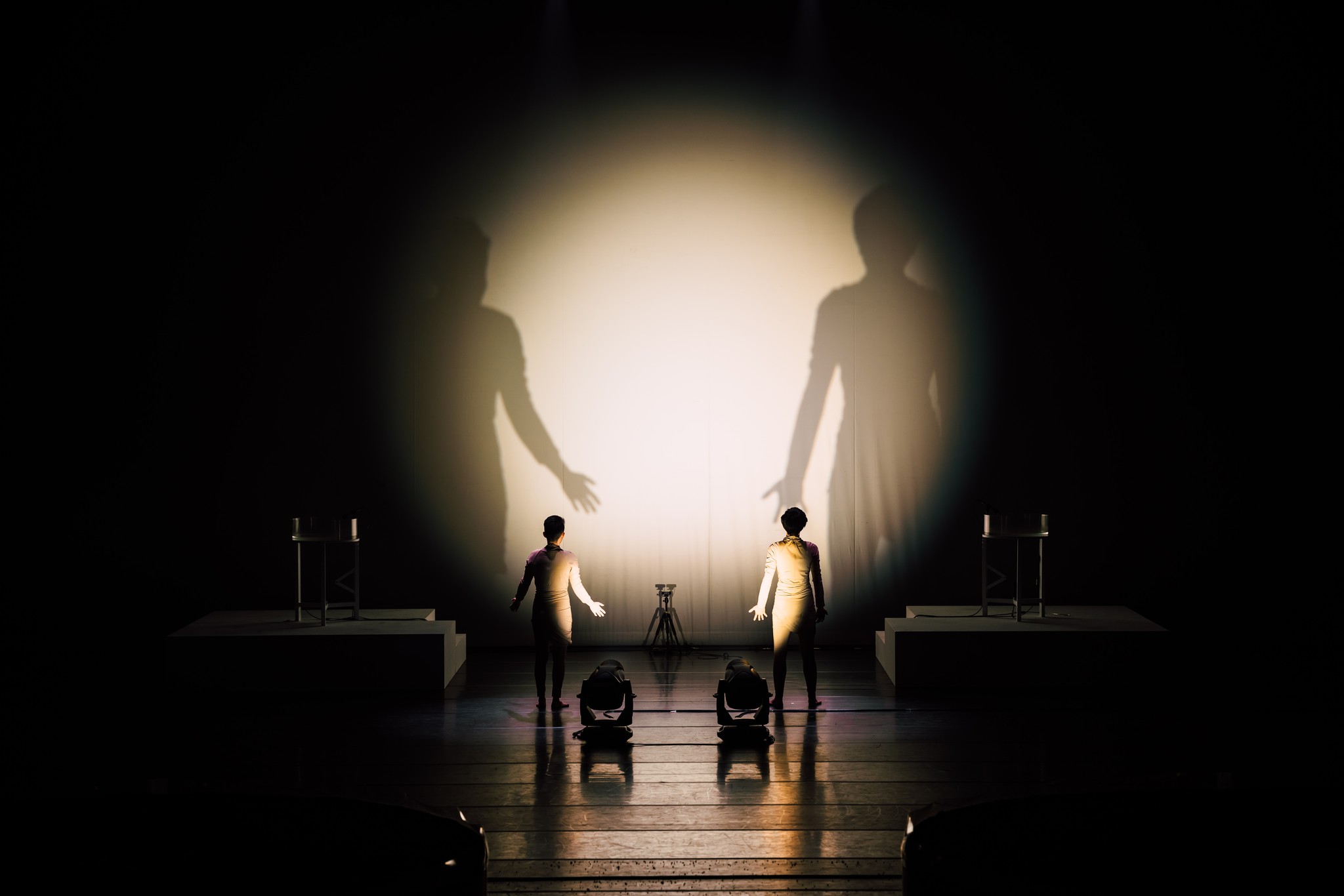 Two performers casting giant shadows on backdrop