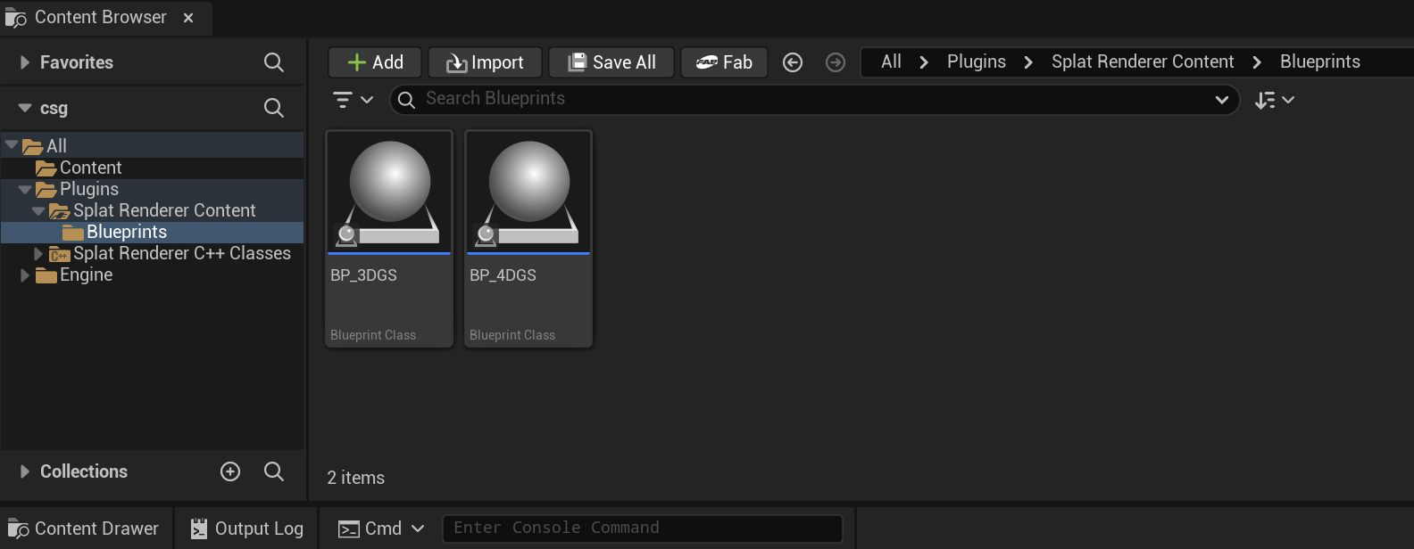 Content Browser showing SplatRenderer blueprints