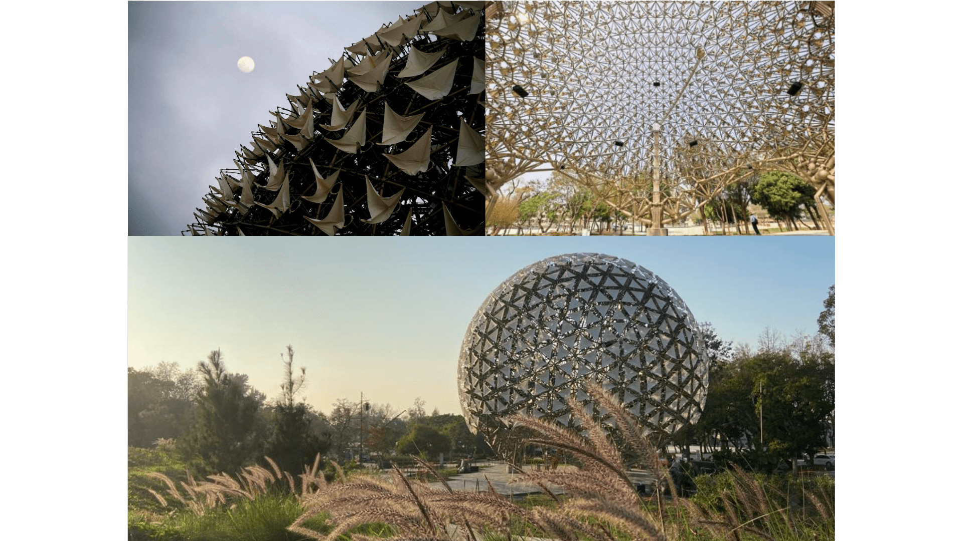 Installation structure - exterior detail, interior framework, and full view in landscape